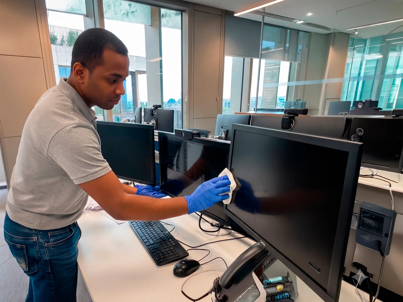 A cleaning technician in nitrile gloves wiping down monitors, keyboards and desk surfaces in an open-plan office