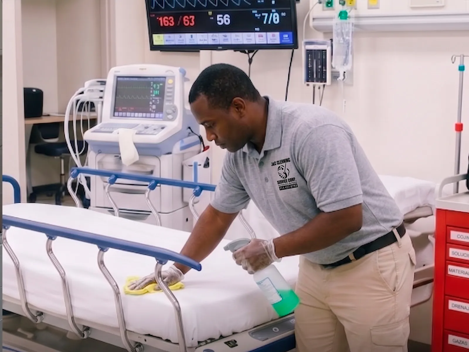 A J&C Cleaning Services technician disinfecting a hospital stretcher beside a patient monitor and an IV stand