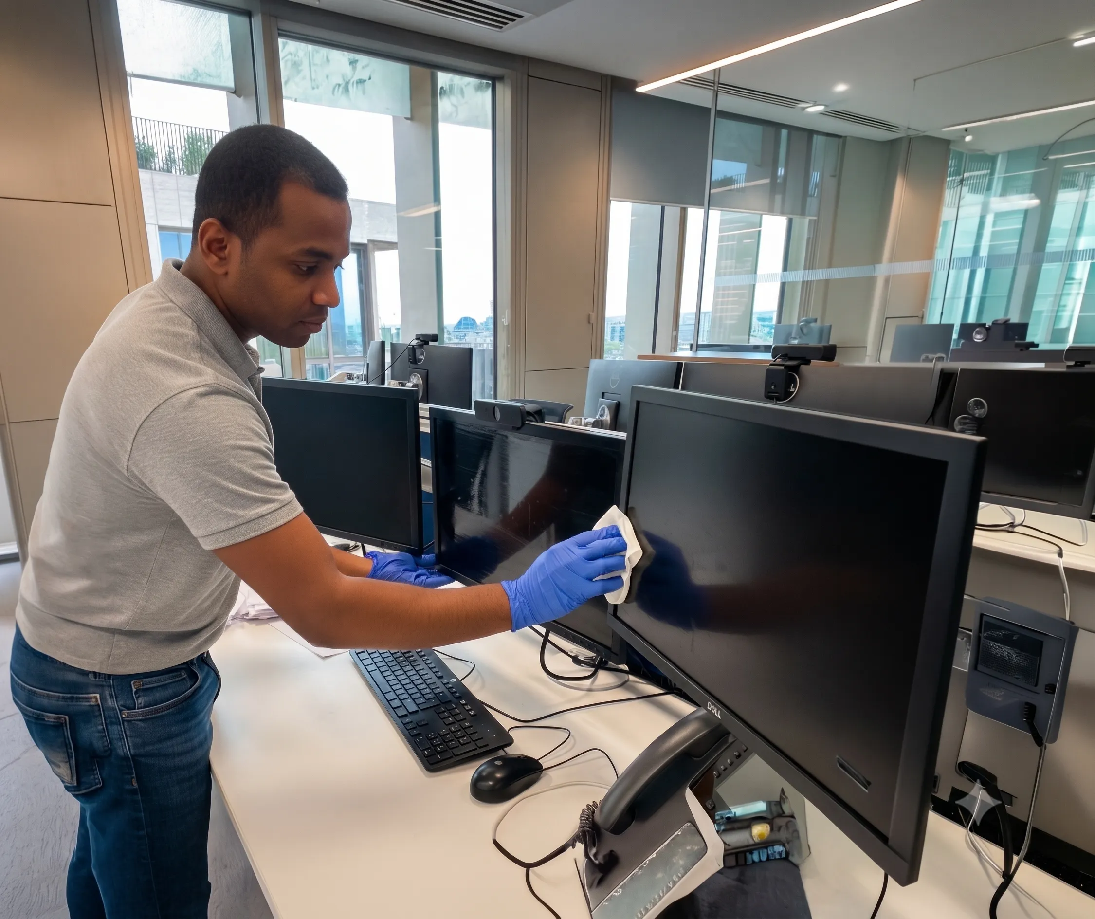 A cleaning technician in nitrile gloves wiping down monitors and desks along a workstation row in an open-plan office