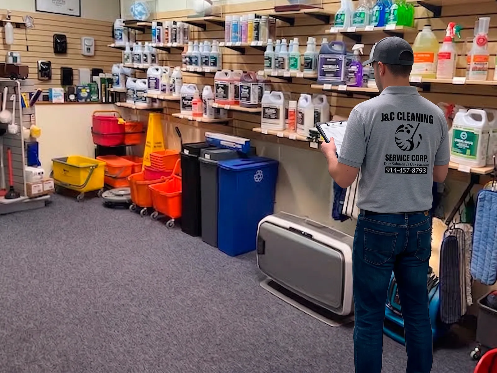 A J&C Cleaning Services staff member in a branded polo checking stock in a supply room lined with cleaning chemicals, mop buckets and paper goods